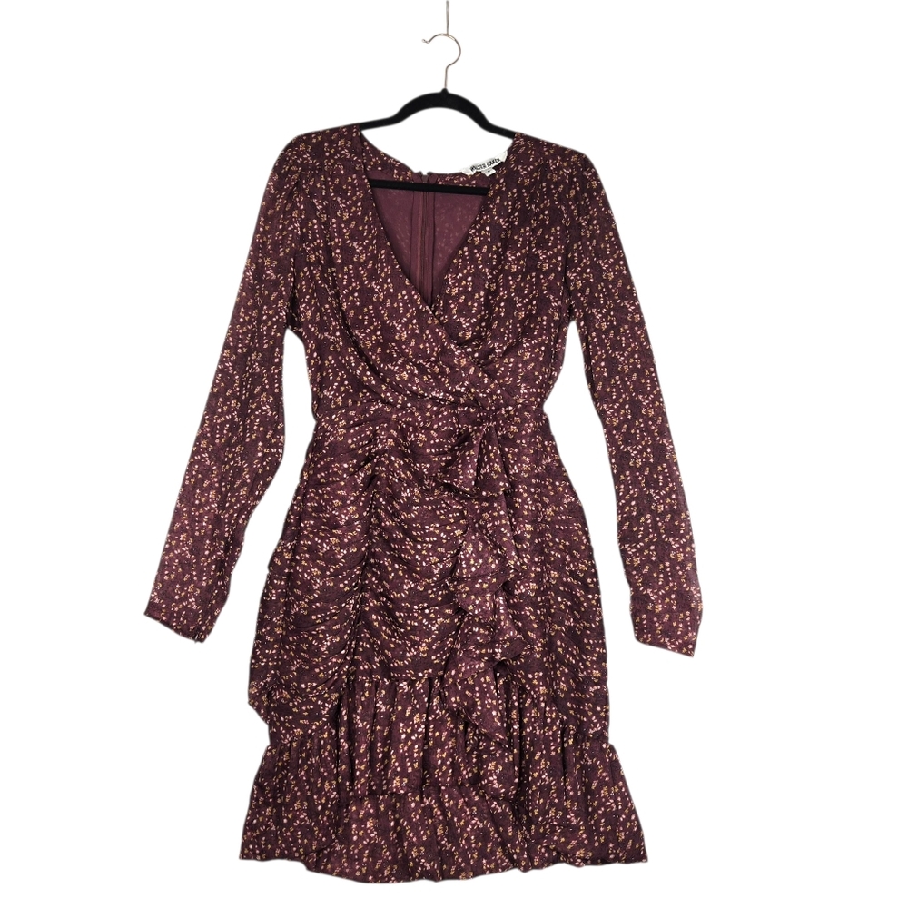 Walter Baker Ruffle Faux Wrap Dress Size 6 Burgundy Gold Rose Floral Ruched